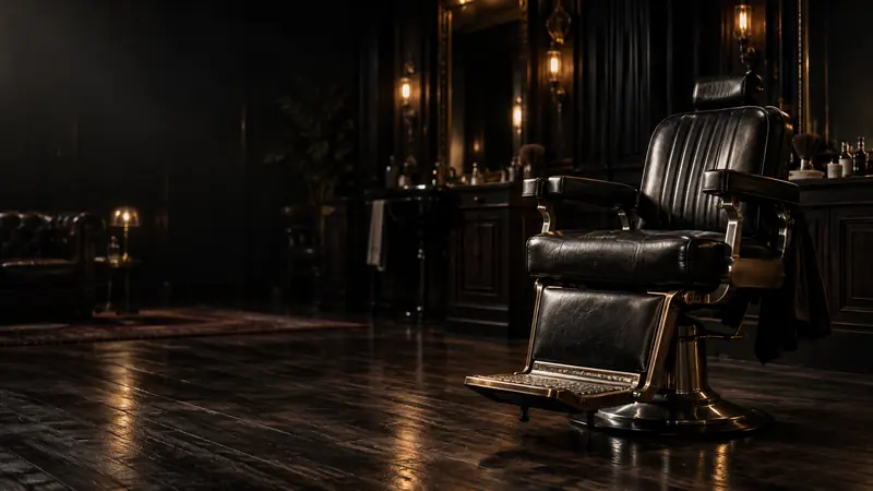 An empty black leather barber's chair on a dark wooden floor, lit by wall lamps