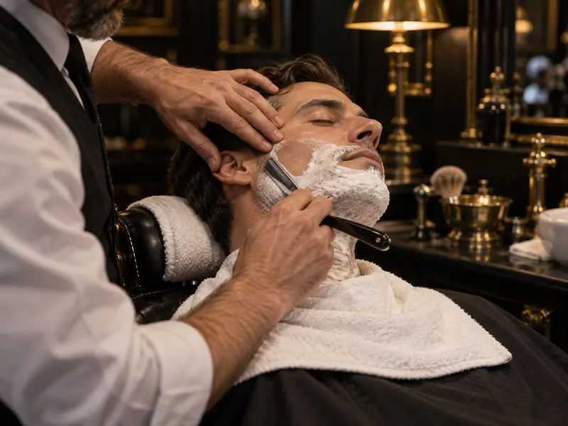 A reclined client mid straight-razor shave, a warm towel around his shoulders