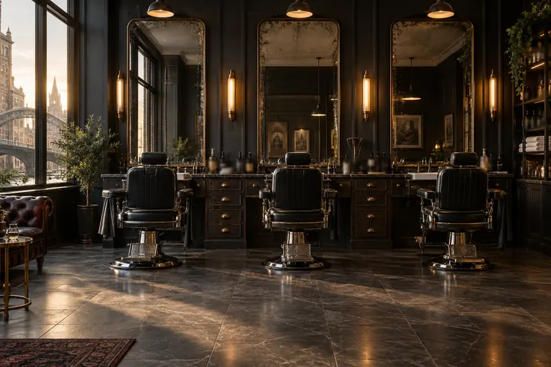 Three leather barber's chairs before tall brass-framed mirrors, with evening light from the window