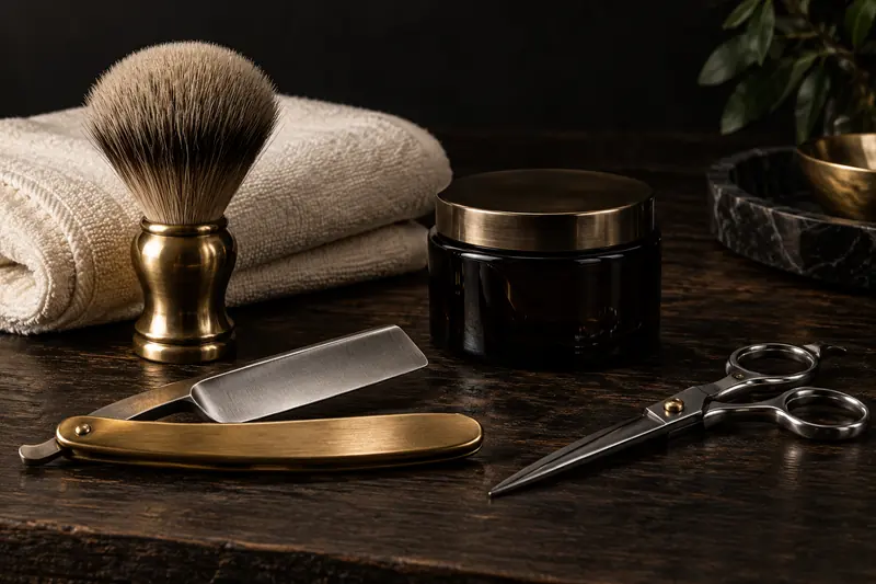 A shaving brush, straight razor, scissors and a brass-lidded jar on dark wood