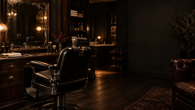 A quiet station after hours: a leather chair facing an old mirror, a chesterfield in the lamplight