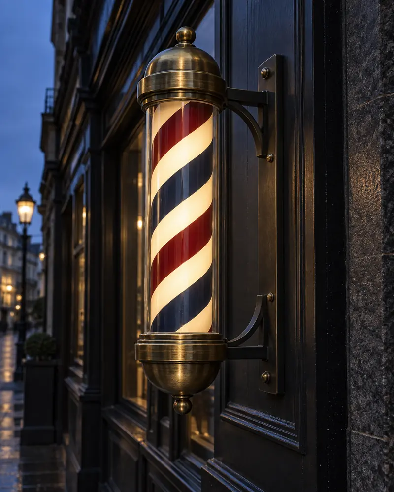 A lit red, white and blue barber pole on a brass bracket beside the shop's dark door at dusk